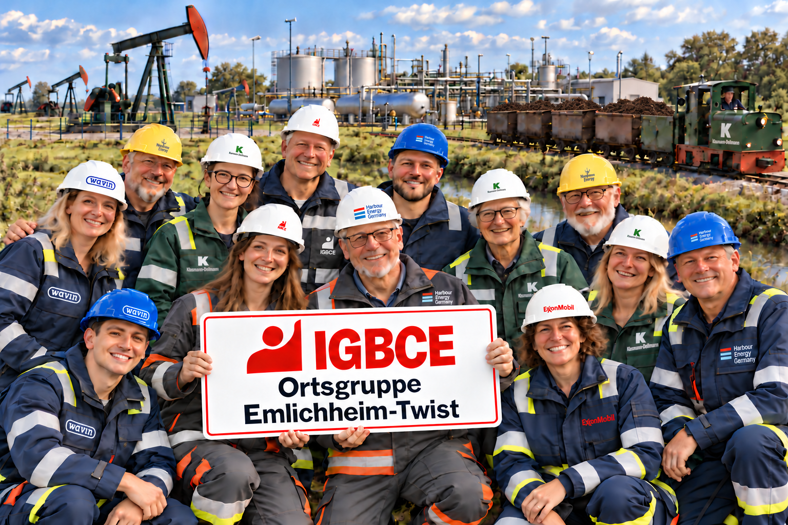 KI-generierte Illustration einer Gruppe in Arbeitskleidung vor Erdölförderanlagen und einer Feldbahn mit Torfwagen, mit IGBCE-Schild